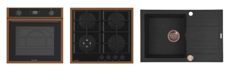 Aragazuri si plite - Pachet Pyramis 24P PVD Cooper – cuptor electric 64L, 8 funcții, AirFry, Rotisor, plită gaz 4 arzătoare cu wok și fontă, chiuvetă granit, finisaj PVD și sticlă neagră