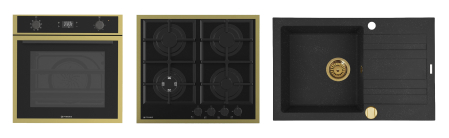 Aragazuri si plite - Pachet Pyramis 24P PVD Gold – cuptor electric 64L, 8 funcții, AirFry, Rotisor, plită gaz 4 arzătoare cu wok și grătare fontă, chiuvetă granit, finisaj PVD și sticlă neagră