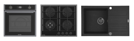 Aragazuri si plite - Pachet Pyramis 24P PVD Metal Gun – cuptor electric 64L, 8 funcții, AirFry, Rotisor, plită gaz 4 arzătoare cu wok și fontă, chiuvetă granit, finisaj PVD și sticlă neagră