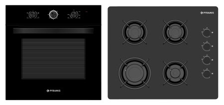 Aragazuri si plite - Pachet Pyramis 2P, cuptor electric incorporabil 65L, 4 funcții, clasa A, timer mecanic, butoane retractabile, plită gaz 4 arzătoare cu grătare individuale emailate, finisaj sticlă neagră