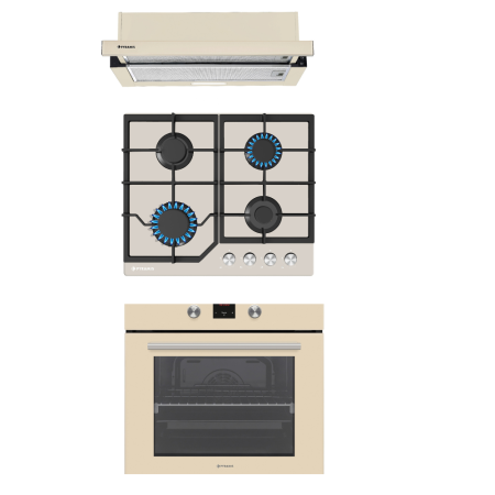 Electronice & Electrocasnice - Pachet Pyramis Beige Glass, Cuptor electric incorporabil 69L, 9 functii, Plita gaz 4 arzatoare, fonta, aprindere electronica, Hota 60 cm, 2 motoare, 328 m³/h, Bej
