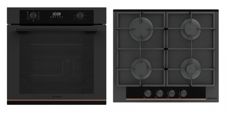 Aragazuri si plite - Pachet Pyramis Duo Copper Line 2080 Black Glass, cuptor electric incorporabil 72L cu 9 funcții, clasa A, Soft Close, Rotisor, butoane retractabile, ghidaje telescopice și plită gaz 4 arzătoare