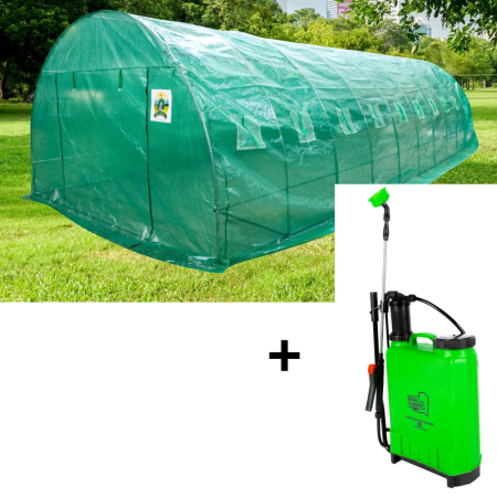 Sere si solarii - Pachet Sera 8 x 4 x 2.5m, polietilena, densitate 140g/mp Micul Fermier + Pompa de Stropit Manuală 12L