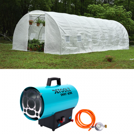 Sere si solarii - Pachet Sera 8x3x2m Polietilenă 140g/mp Micul Fermier + Tun de Căldură pe Gaz GPL 15KW, max 100 m3, Detoolz