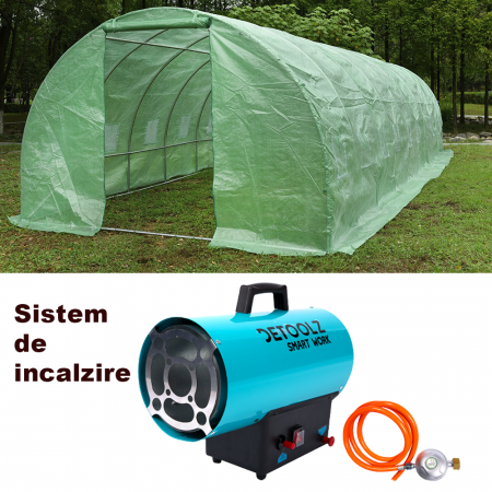 Sere si solarii - Pachet Sera Polietilenă 10x3x2m, Densitate 140g/mp Micul Fermier + Tun de Căldură pe Gaz GPL 15KW Detoolz
