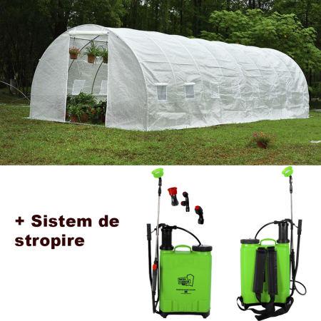 Sere si solarii - Pachet Sera Polietilena 8x3x2m, Densitate 140g/mp Micul Fermier + Pompa de Stropit Manuală 12L