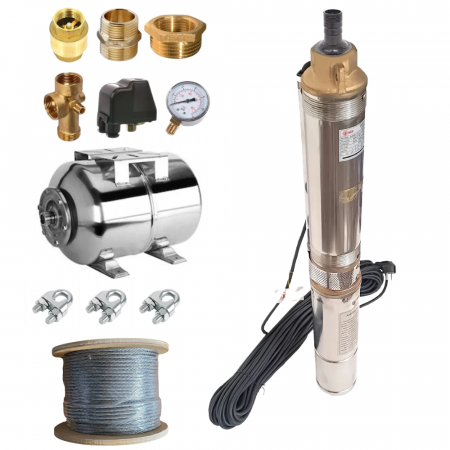 Pompe submersibile - Pachet sistem hidrofor - Pompa submersibila DRK, 1.5 kW, 8 turbine, 5m3/h + Rola cablu din otel zincat, 25m + 3 Bride  +  Vas expansiune 50 Inox - Copie