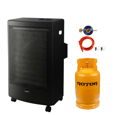 Sobe pe gaz - Pachet - Soba pe gaz catalitica Samus RS426C, Aprindere piezoelectrica, 2 trepte putere 1.3–3.0 kW, Senzor ODS - FFD + Butelie GPL 26L