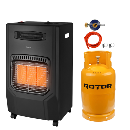 BRICOLAJ - Pachet - Soba pe gaz cu ventilator Samus RS425H, Aprindere piezoelectrica, 3 trepte putere 1.5–4.2 kW, Senzor ODS + Butelie GPL 26L