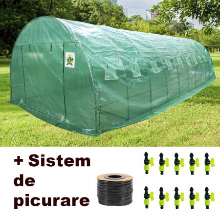 Sere si solarii - Pachet Solar 8 x 4 x 2.5m, polietilena, densitate 140g/mp Micul Fermier + Sistem Irigare prin Picurare (10 Robineți + Bandă 100m)