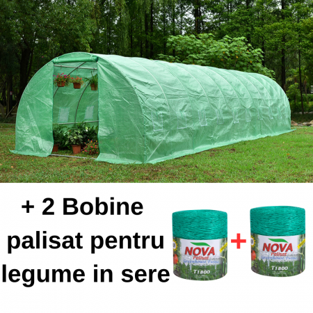 Sere si solarii - Pachet - Solar pentru legume 10x3x2m, 30 mp, folie UV4 verde din polietilena armata + 2 Bobine palisat pentru legume in sere