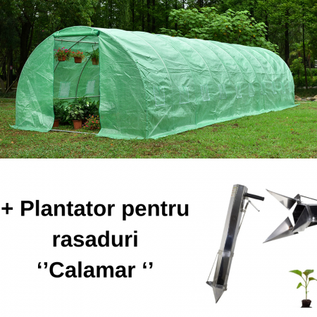 Sere si solarii - Pachet - Solar pentru legume 10x3x2m, 30nmp, folie UV4 verde din polietilena armata + Plantator manual pentru rasaduri ''Calamar''