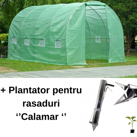 Sere si solarii - Pachet - Solar pentru legume 4x2x2m, 8 mp, folie UV4 verde din polietilena armata + Plantator manual pentru rasaduri ''Calamar''