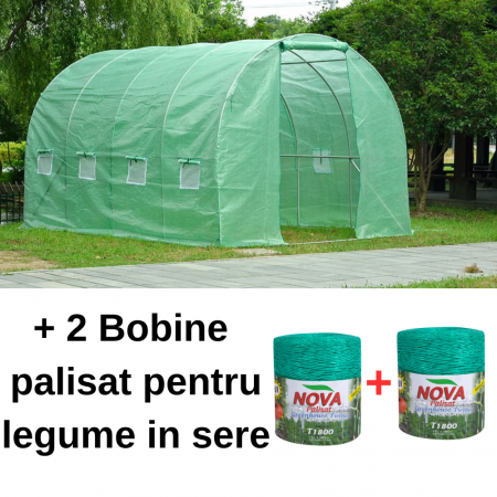 Sere si solarii - Pachet - Solar pentru legume 4x2x2m, 8 mp, folie UV4 verde din polietilena armata + 2 Bobine palisat pentru legume in sere