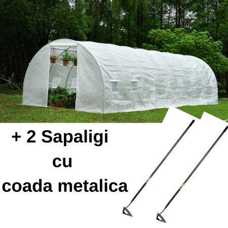 Sere si solarii - Pachet - Solar pentru legume 8x3x2m, 24 mp, folie UV4 verde din polietilena armata + 2 Sapaligi cu coada metalica
