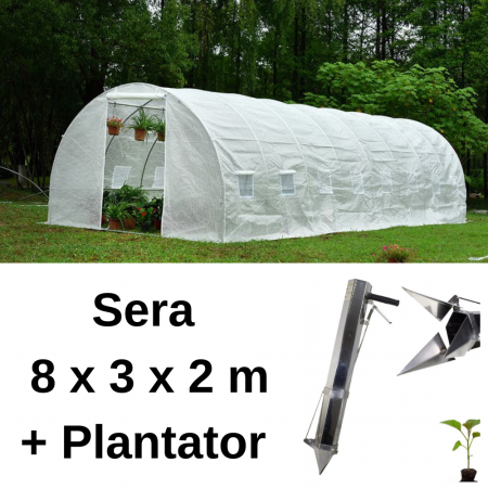 Sere si solarii - Pachet - Solar pentru legume  8x3x2m, 24 mp, folie UV4 verde din polietilena armata + Plantator manual Calamar