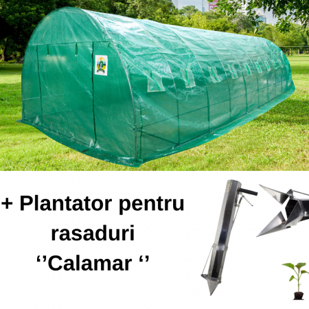 Sere si solarii - Pachet - Solar pentru legume 8x4x2.5m, 32 mp, folie UV4 verde din polietilena armata + Plantator manual pentru rasaduri ''Calamar''