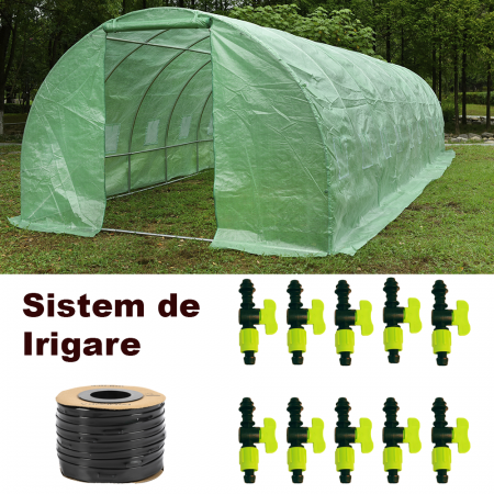 Sere si solarii - Pachet Solar/Sera 10x3x2m, polietilena, densitate 140g/mp Micul Fermier + Sistem Irigare prin Picurare (10 Robineți + Bandă 100m)