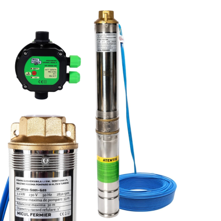 GRADINA - Pahet hidrofor - Pompa submersibila Micul Fermier, 8 turbine, putere 1.1 kW, debit 6300 l/h + Prescontrol automat Micul Fermier, racord 1 Tol, 1.5 kW, presiune maximă 10 bari