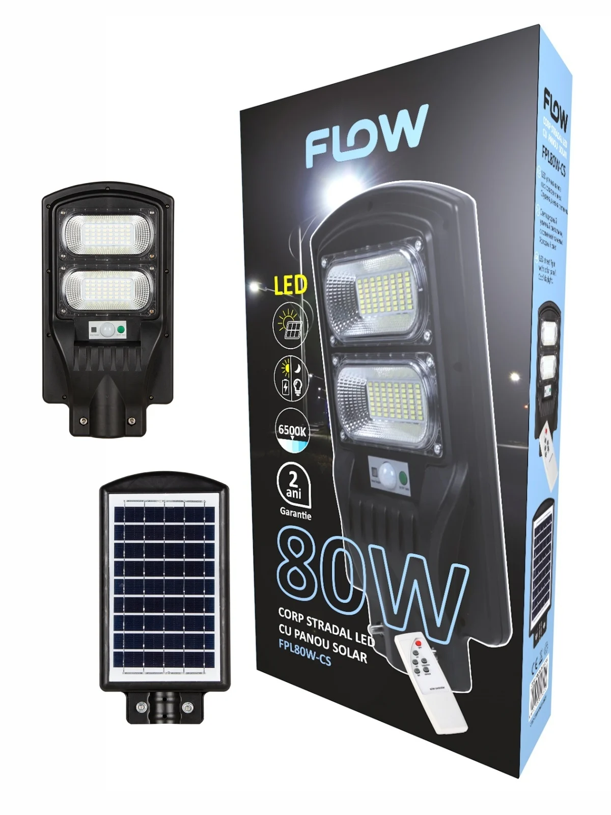BRICOLAJ - Panou solar, corp stradal LED Putere 80W, 6500K, acumulator 3.8V / 5A, FLOW – FPL80W-CS