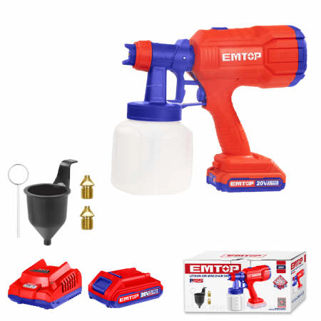 Pistoale de vopsit - Pistol de vopsit cu acumulator EMTOP ELSG20256, 20V, 800 ml/min, 1x 2.0Ah, 800 ml, duze din cupru