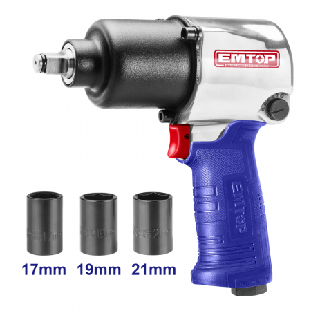Pistoale de impact electrice si pneumatice - Pistol pneumatic 1/2" EMTOP EATL126801, 610Nm, 3 capete (17mm, 19mm, 21mm)