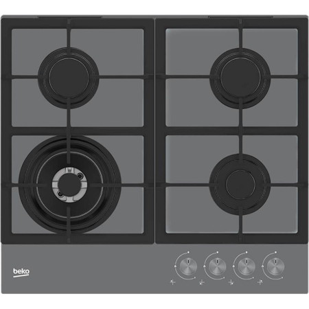 Marelvi - Plita Beko, sticla pe gaz, control butoane frontal, 3 arzatoare + 1 Wok, arzatoare cu eficienta ridicata, suport vase din fonta, siguranta plita, 60 cm latime, culoare butoane: inox cu capac cromat, c