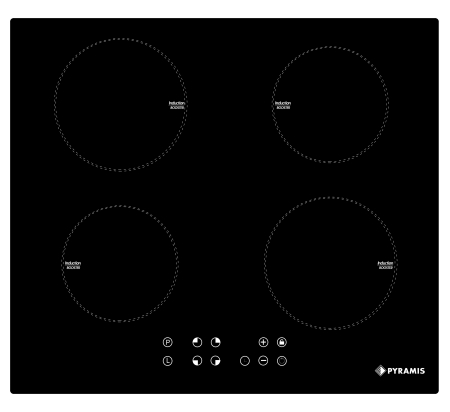 Aragazuri si plite - Plită cu inducție Pyramis 58IND910, 4 zone de gătit, 9 trepte de putere, Touch Control, Timer, finisaj elegant negru