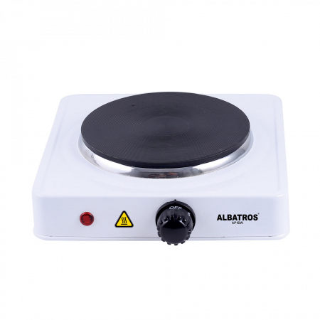 BUCATARIE - Plită Electrică Albatros AP16W – 1500W, 1 Arzător din Fontă Ø185 mm, Termostat Reglabil, LED , Protecție la Supraincalzire, Picioare Antialunecare, Culoare Albă