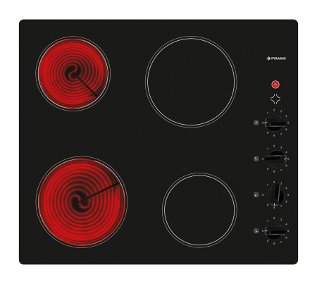 Plită electrică Pyramis Neo SPICA Knobs, 4 zone de gătit, 9 trepte de putere, control cu butoane reostatice, indicator căldură reziduală, finisaj sticlă neagră [1]