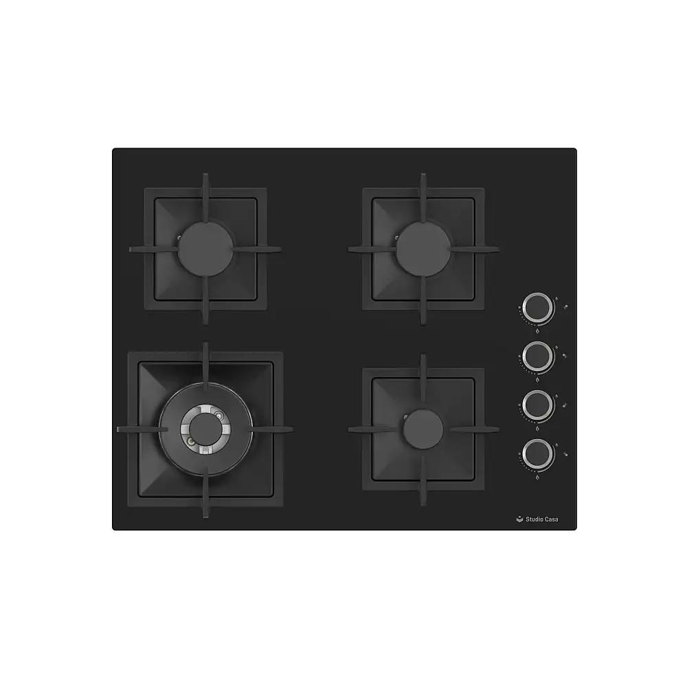 Aragazuri si plite - Plita gaz incorporabila Studio Casa VIVA CRY 60 Blk Glass, Gratare fonta, 4 arzatoare gaz, Wok , Aprindere electrica, Sticla neagra