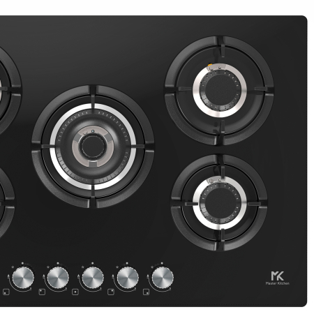 Plita gaz Master Kitchen, gama Edge, design sticla neagra, 75 cm, 5 arzatoare plate, gratare fonta, arzator coroana tripla, aprindere integrata, sistem siguranta [1]