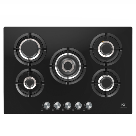 Marelvi - Plita gaz Master Kitchen, gama Edge, design sticla neagra, 75 cm, 5 arzatoare plate, gratare fonta, arzator coroana tripla, aprindere integrata, sistem siguranta