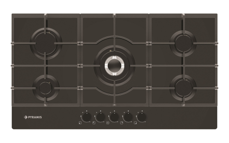 Aragazuri si plite - Plită gaz Pyramis 5.90 Wok, 5 arzătoare și wok, grătare fontă, control cu butoane frontale negre, design modern sticlă neagră, 900x510 mm