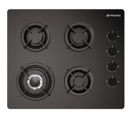 Aragazuri si plite - Plită gaz Pyramis 5343.02 Wok, 4 arzătoare și wok, grătare individuale din fontă, control cu butoane laterale negre, design modern sticlă neagră, 600x510 mm