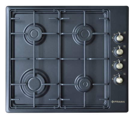 Plita incorporabila - Plită gaz Pyramis 60KF 485 Rustic Black, 4 arzătoare, aprindere automată, valve de siguranță, grilaje și capace emailate, design rustic mat