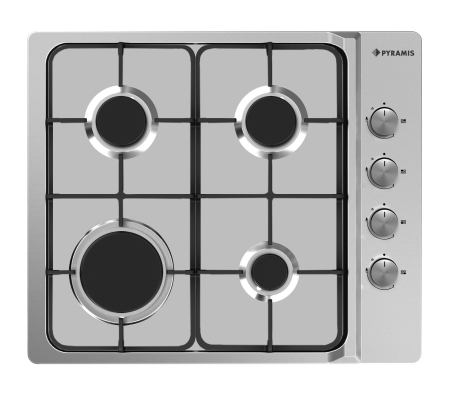 BUCATARIE - Plită gaz Pyramis 60PG 610, 4 arzătoare cu grătare emailate, control cu butoane laterale, design modern inox, 59x50 cm