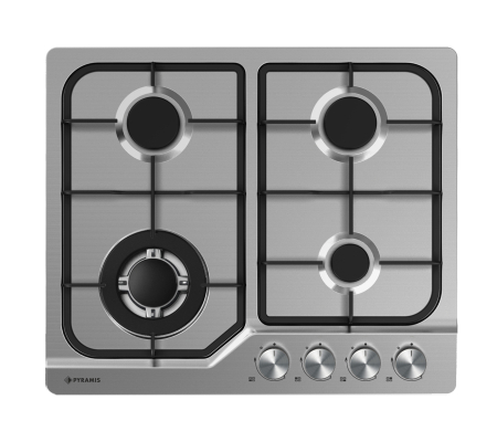BUCATARIE - Plită gaz Pyramis 60PG 640, 4 arzătoare și 1 arzător wok, grătare fontă, control cu butoane frontale, design elegant inox, 59x50 cm