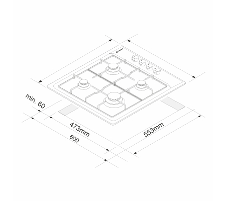 Plită gaz Pyramis 60PG 640, 4 arzătoare și 1 arzător wok, grătare fontă, control cu butoane frontale, design elegant inox, 59x50 cm [1]