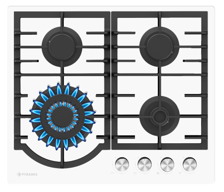 Plită gaz Pyramis 60PG 6512, 4 arzătoare și wok, grătare fontă, control cu butoane frontale, design modern sticlă albă, 60 cm [1]