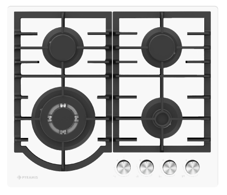 Plita incorporabila - Plită gaz Pyramis 60PG 6512, 4 arzătoare și wok, grătare fontă, control cu butoane frontale, design modern sticlă albă, 60 cm