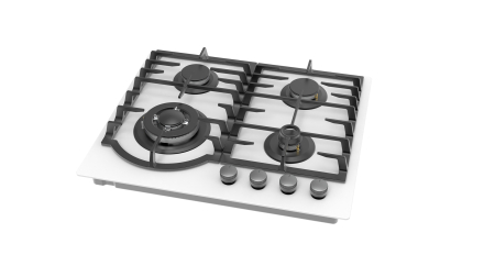 Plită gaz Pyramis 60PG 6512, 4 arzătoare și wok, grătare fontă, control cu butoane frontale, design modern sticlă albă, 60 cm [3]