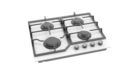 Plită gaz Pyramis 60PG 6602, 4 arzătoare, grătare fontă, control cu butoane frontale, design modern sticlă albă și fontă, 60 cm [3]
