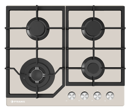 Plita incorporabila - Plită gaz Pyramis 60PG 6613, 4 arzătoare și wok, grătare fontă, control cu butoane frontale, design modern sticlă bej, 60 cm
