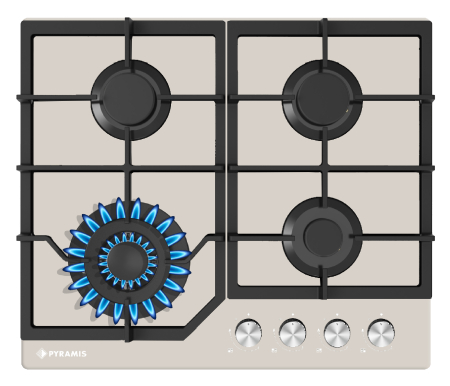 Plită gaz Pyramis 60PG 6613, 4 arzătoare și wok, grătare fontă, control cu butoane frontale, design modern sticlă bej, 60 cm [6]