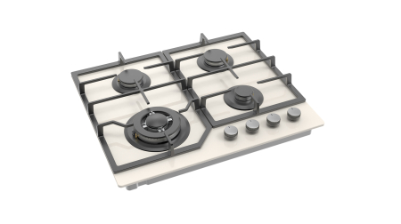 Plită gaz Pyramis 60PG 6613, 4 arzătoare și wok, grătare fontă, control cu butoane frontale, design modern sticlă bej, 60 cm [4]