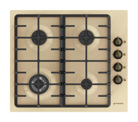 Plita incorporabila - Plita gaz Pyramis 733071 Rustic Bej 4 arzatoare, aprindere electronica automata, grilaje de sustinere si capace arzatoare din fonta, finisaj metal bej