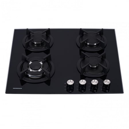 Aragazuri si plite - Plita incorporabila Heinner HBH-S584WI-GBK, Gaz, 4 Arzatoare, Aprindere electrica, Gratar fonta, WOK, Sticla neagra