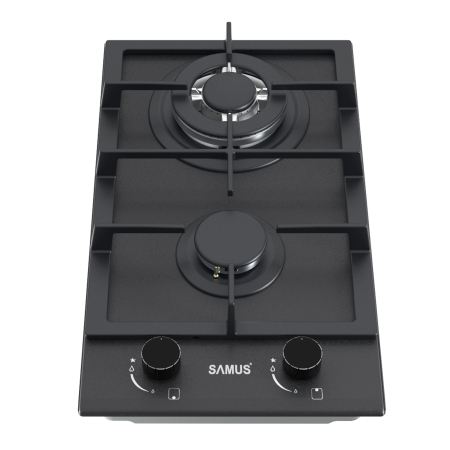 Plita incorporabila Samus PSG-32SMGN1, pe gaz, 2 arzătoare (1 mare 2.4 kW, 1 mediu 1.8 kW), sticlă neagră mată Nano, grătar fontă, aprindere electrică, panou frontal, siguranță la arzătoare, 29.4 cm [1]