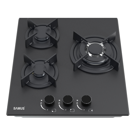Plita incorporabila Samus PSG-43SMGN1, pe gaz, 3 arzătoare (1 triplu 3.4 kW, 1 mediu 1.8 kW), sticlă neagră mată cu acoperire Nano, grătare fontă, 45 cm, aprindere electrică, siguranță la arzătoare [1]